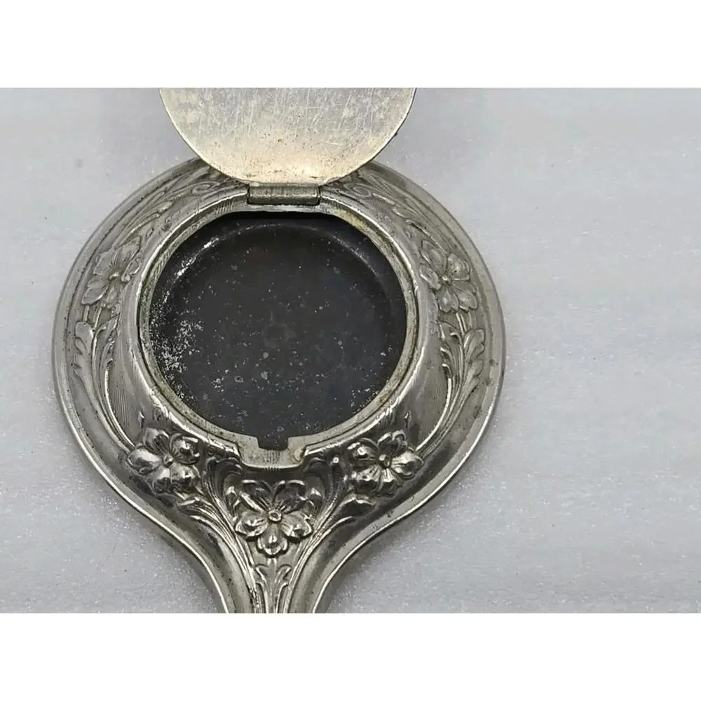Vtg Bushkill Falls Handheld Mirror Silver Tone w/Small Hidden Back Compartment
